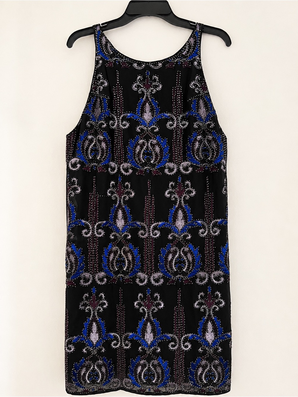 Art Deco inspired Beaded Sleeveless Shift Dress Black Blue Purple Size Medium